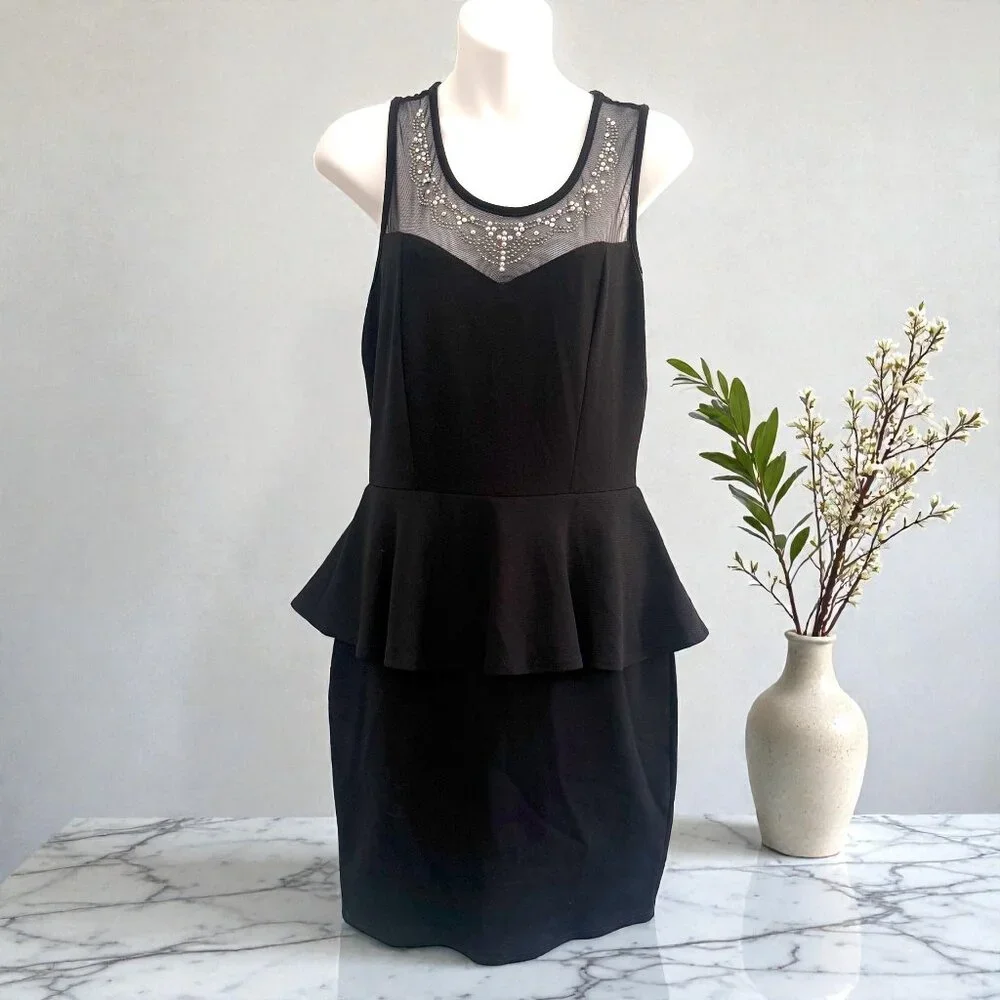 Black Rhinestone Mesh Peplum Dress | Size L/G - Picture 3 of 9